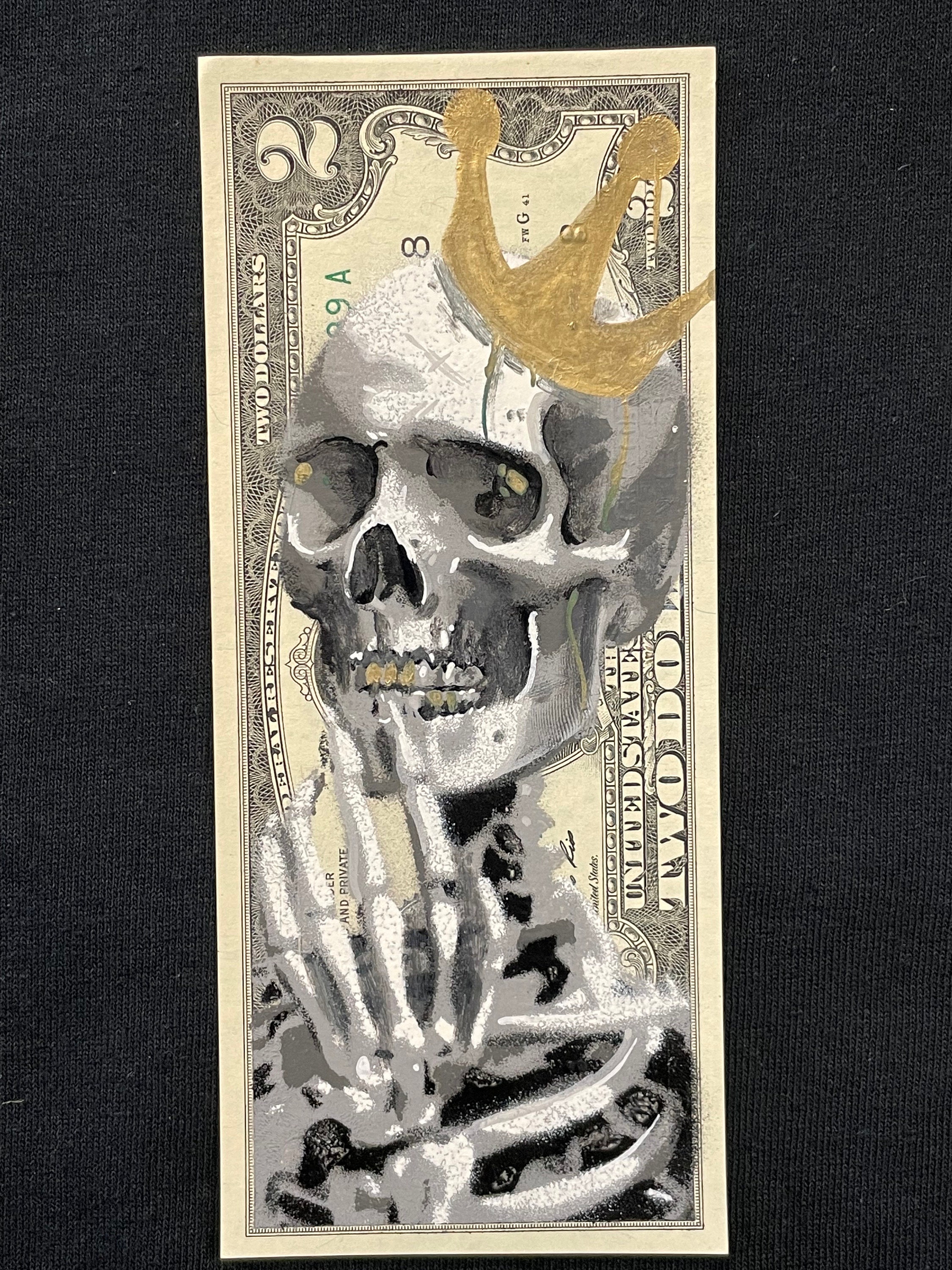2 dollar death skull original painting money art