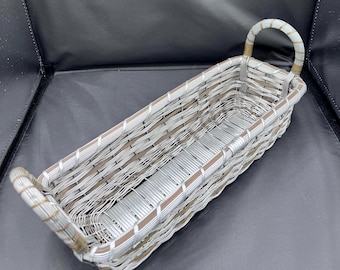 Vintage Aluminum & Brass Woven Serving Basket 14 X 5” w/ Handles Made In India