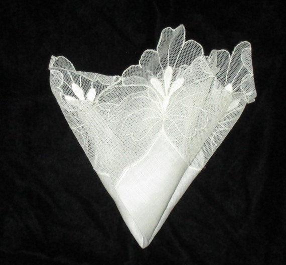 Vintage Handkerchief - White French Net Hanky, Wid