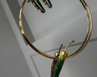 Gold Plated Green Chili Pepper Jewelry Set – Brass Necklace and Earrings, Artistic Statement Set