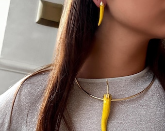 Gold Plated Yellow Chili Pepper Jewelry Set – Brass Necklace and Earrings, Artistic Statement Set