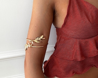 Gold Plated Brass Leaf Cuff Bracelet – Adjustable Botanical Arm Cuff Jewelry
