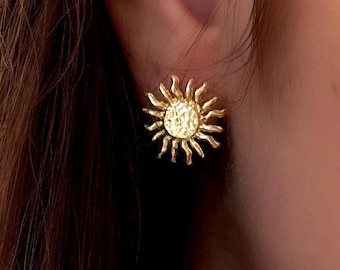 Gold Plated Brass Sun Stud Earrings – Mini Textured Sun Design, Boho Minimalist Jewelry