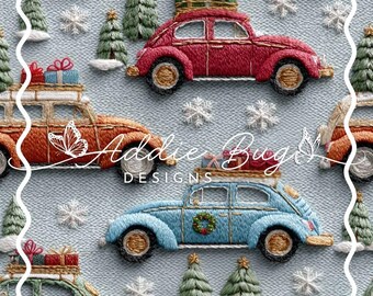 Vintage Christmas Cars Embroidered Pattern – Holiday Seamless File (JPEG)