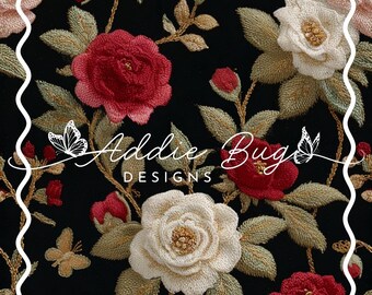 Black Valentines Roses – 3D Embroidered Fabric File (JPEG)