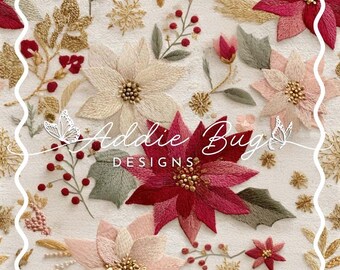 Embroidered Christmas Poinsettias - 3D embroidered design, holiday design, Christmas winter design, fabric seamless file