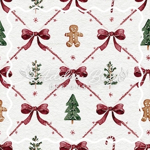 May include: Watercolor Christmas pattern featuring red bows, gingerbread men, Christmas trees, and candy canes on a white background. The design includes a diamond grid with small stars and the text "Addie B Designs".