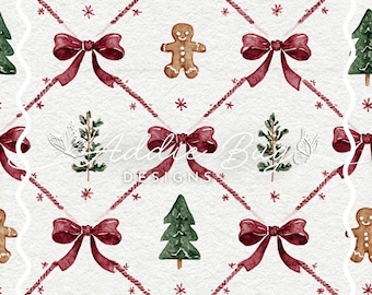 Gingerbread Man Watercolor Fabric – Christmas Bow Trellis Seamless File (JPEG)