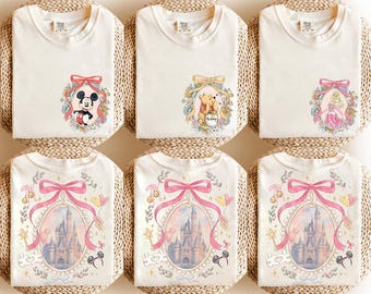Custom Retro Coquette Bow Disney Castle Shirt, Personalized Disney Characters Tee, Disney Family Trip Matching Shirt, WDW Vacation Outfit