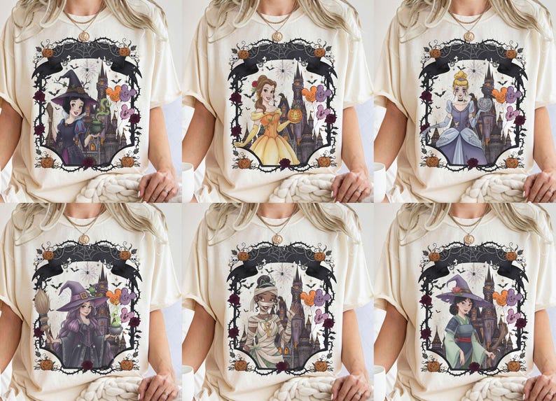May include: A collection of six cream-coloured t-shirts, each featuring a different illustrated character in a gothic frame. The designs include characters dressed as a witch, a princess, and a mummy, set against a dark castle background with pumpkins.