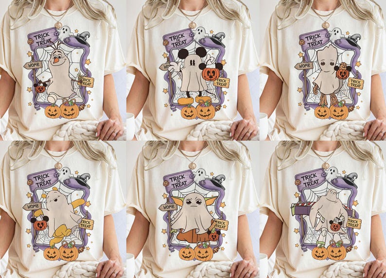 May include: Cream-colored t-shirts with Halloween-themed graphics. Each shirt features a different cartoon character dressed as a ghost, surrounded by pumpkins, a spider web, and the words "Trick or Treat".