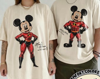 Comfort Colors® Vintage Couple Mickey Minnie Mouse Incredibles Shirt, Retro Disney Inspired Tee, Mickey Minnie Elastigirl Graphic Shirt