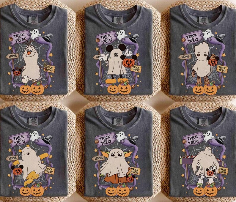 May include: Six gray t-shirts with Halloween-themed designs. Each shirt features a cartoon character dressed as a ghost, holding a pumpkin, with the words "Trick or Treat". The designs include Olaf, Mickey Mouse, Groot, Pikachu, Baby Yoda, and a generic ghost.