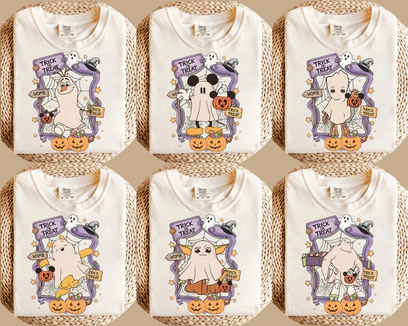May include: Off-white t-shirts with Halloween-themed designs. Each shirt features a cartoon character dressed as a ghost, with pumpkins, a "Trick or Treat" banner, and the word "Home".
