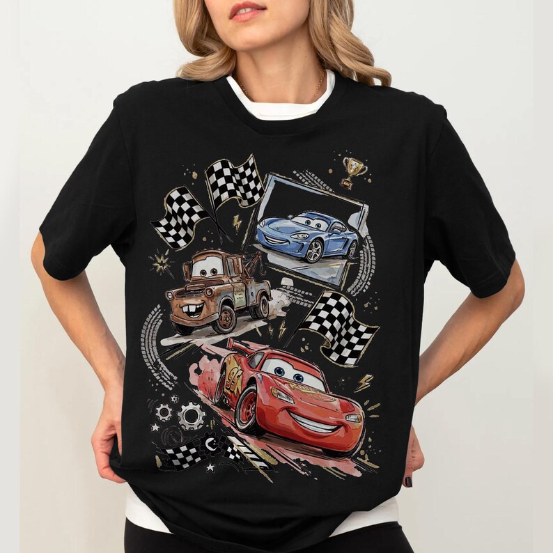 Lightning McQueen Shirt, Disney Cars Vintage Tee, Mater Tow Truck Graphic, Racing Checkered Flags Oversized Top image 2