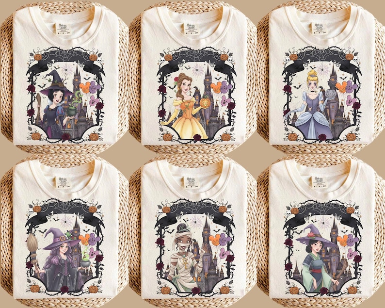 May include: Six off-white t-shirts featuring graphic prints of various animated characters in Halloween-themed attire. Each design includes a dark castle background, spiderwebs, pumpkins, and colourful balloons framed by thorny vines and roses.
