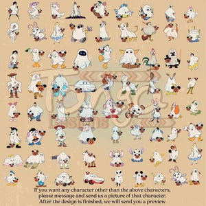 May include: A collection of cartoon character illustrations, each dressed as a ghost and holding a pumpkin. The characters are in various poses and styles, set against a tan background. Text at the bottom offers custom character options.