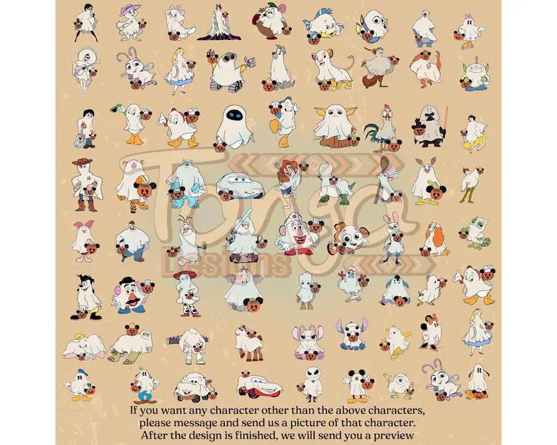 May include: A collection of cartoon character illustrations, each dressed as a ghost and holding a pumpkin. The characters are in various poses and styles, set against a tan background. Text at the bottom offers custom character options.