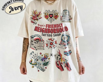 Comfort Colors® Retro Friendly Neighborhood Tattoo Shop Tee, Marvel Comics Cover Tee, MCU Fan Gift, Pink Spiderman Graphic Shirt, Marvel Tee