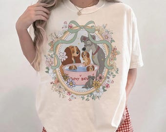Disney Lady and the Tramp Puppy Bath Floral T-Shirt, Cute Vintage Dog Family Graphic Tee, Lady Tramp Puppies Bath Time Shirt, Dog Lover Gift
