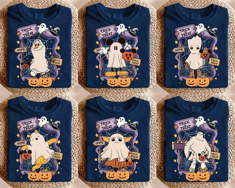 May include: Navy blue Halloween-themed t-shirts featuring various cartoon characters dressed as ghosts. Each shirt has a "Trick or Treat" sign, pumpkins, and a spiderweb design. The characters include Olaf, Mickey Mouse, and Baby Groot.