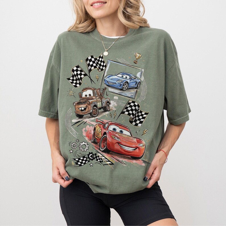 Lightning McQueen Shirt, Disney Cars Vintage Tee, Mater Tow Truck Graphic, Racing Checkered Flags Oversized Top image 8
