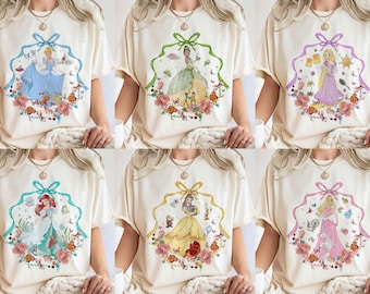 Coquette Bows Disney All Princesses Characters Comfort Colors Shirt, Tiana Ariel Elsa Rapunzel Belle Jasmine Shirt, Disney Princess Tee
