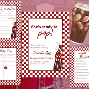 She’s Ready to Pop Baby Shower Games and Invitation | Red Cola Theme | Baby Bingo, Predictions & Advice, He Said She Said | Digital Download