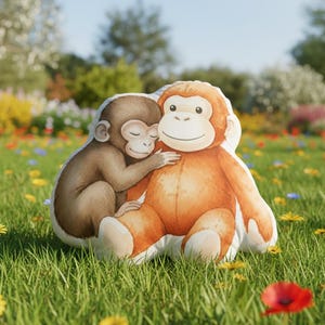 May include: Two plush monkey pillows, one brown and one orange, are hugging in a field of green grass and colorful wildflowers. The monkeys have smiling faces and are positioned in a loving embrace, creating a heartwarming scene.