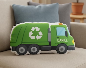 Personalized Recycling Truck Plush Pillow: Custom Name Vehicle Cushion, Soft Fabric Kids Room Decor