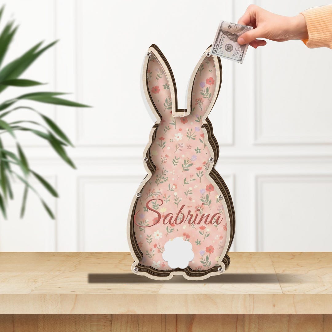 Personalized Wooden Bunny Piggy Bank, Acrylic Money Box, Floral Easter ...