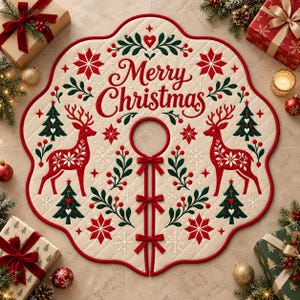 May include: A cream-colored quilted Christmas tree skirt featuring a red scalloped border and three red ribbon ties. The design includes red reindeer, green pine trees, red snowflakes, and the text Merry Christmas in red script.