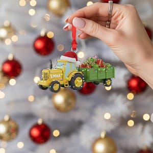 Personalized Tractor Ornament: Custom Name Christmas Decoration with Farm Trailer and Gifts