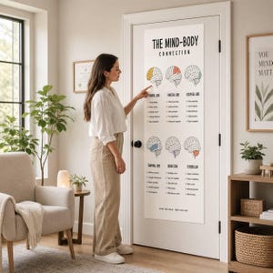 以下が含まれることがあります： ドアに貼られた「The Mind-Body Connection」というタイトルの縦型ホワイトポスター。前頭葉、頭頂葉、後頭葉、側頭葉、脳幹、小脳の各部位を色分けした6つの脳の解剖学的イラストと、それぞれの機能を示すテキストラベルが記載されています。