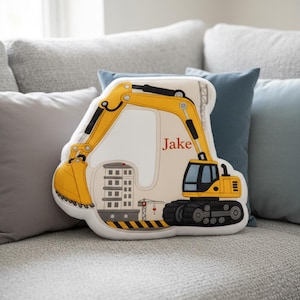 Personalized Excavator Plush Pillow: Kids Name Cushion Construction Nursery Decor