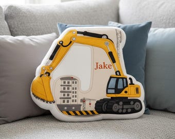 Personalized Excavator Plush Pillow: Kids Name Cushion Construction Nursery Decor
