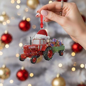 Personalized Tractor Christmas Ornament with Name: Red Farm Vehicle with Trailer and Santa Hat