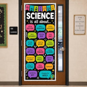 May include: A rectangular classroom door decoration featuring a black background with white polka dot borders. The banner displays the text SCIENCE is all about... and includes colourful speech bubbles with science-related phrases and icons.