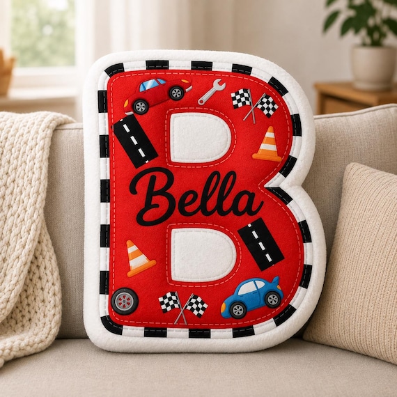Personalized Plush Pillow: Letter Cushion, Race Track Print, Checkered Flag, Red Initial