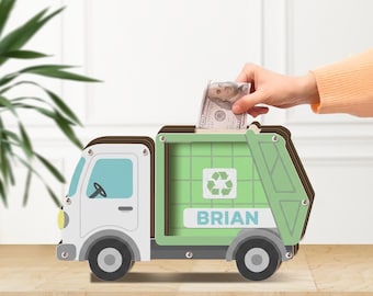 Personalized Wooden Piggy Bank: Custom Name Garbage Truck, Recycling Theme, Room Decor