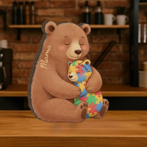 May include: A brown bear illustration hugging a smaller bear with a puzzle pattern. The larger bear has the word "Mama" written on it, and the smaller bear has the name "James". The bears are set against a blurred background.