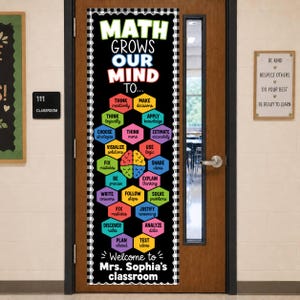 May include: A vertical classroom door banner with a black background and white buffalo check border. It features the text MATH GROWS OUR MIND TO... and a central brain graphic surrounded by colourful hexagons with educational phrases, ending with Welcome to Mrs. Sophia's classroom.