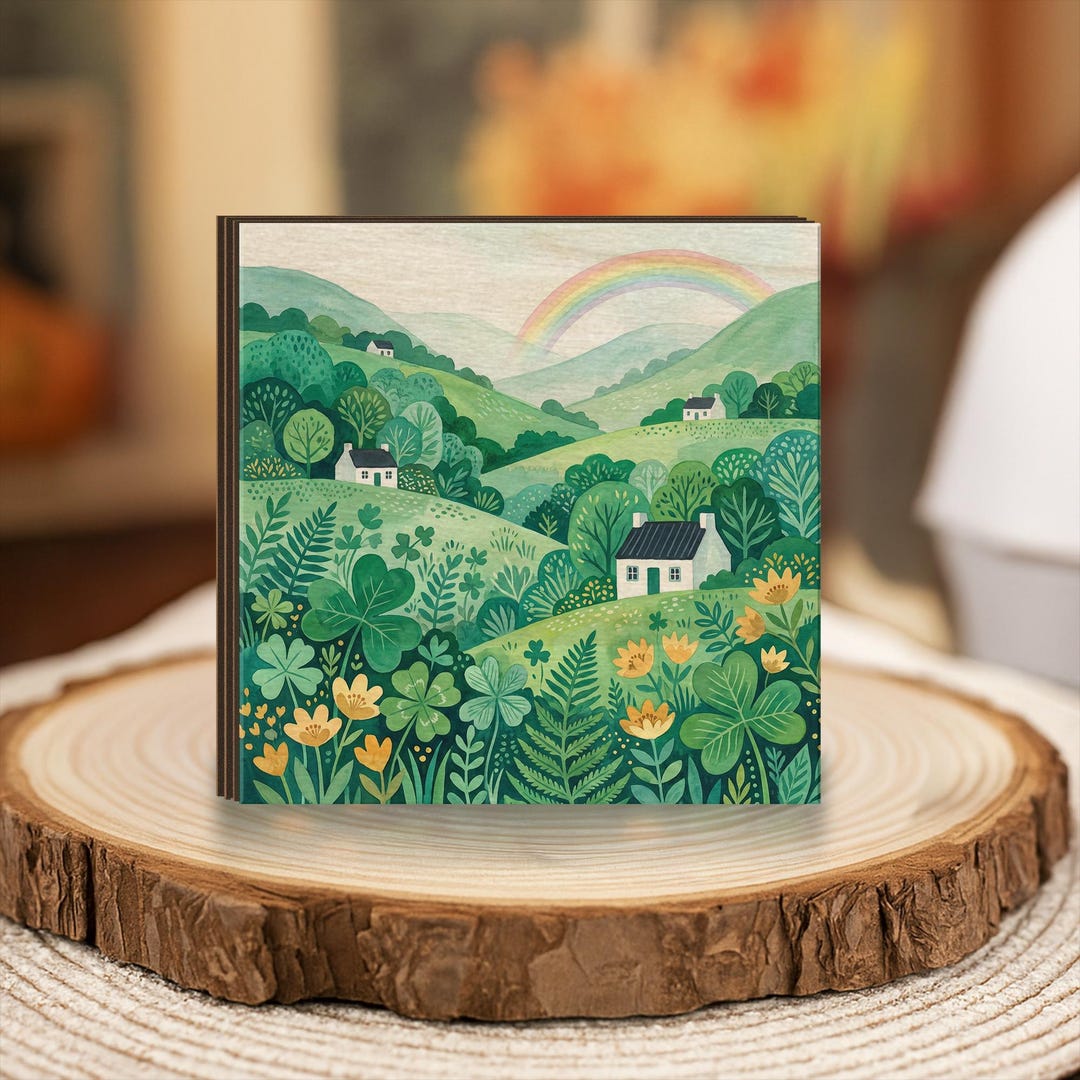 Wooden Block: Irish Countryside Landscape, Rainbow Cottage Clover - Etsy
