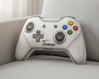 Personalized Plush Pillow: Game Controller Shaped Cushion, Custom Name Print, White Console Controller Design