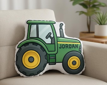 Personalized Tractor Plush Pillow: Name Printed Farm Vehicle Cushion, Green Cartoon Design