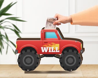 Personlig spargris: Monstertruck-myntbank, barnrumsdekor