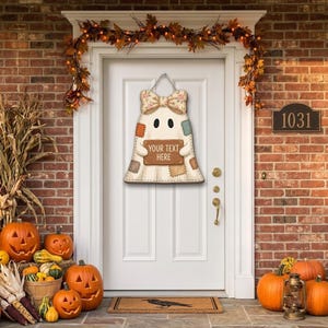 Op maat gemaakt houten spookbord, patchwork Halloween deurhanger