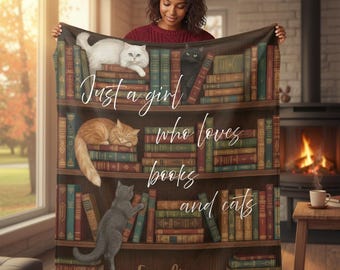 Fleece kerstdeken: boekenplank en kattenillustratie, zacht gepersonaliseerd leeskleed