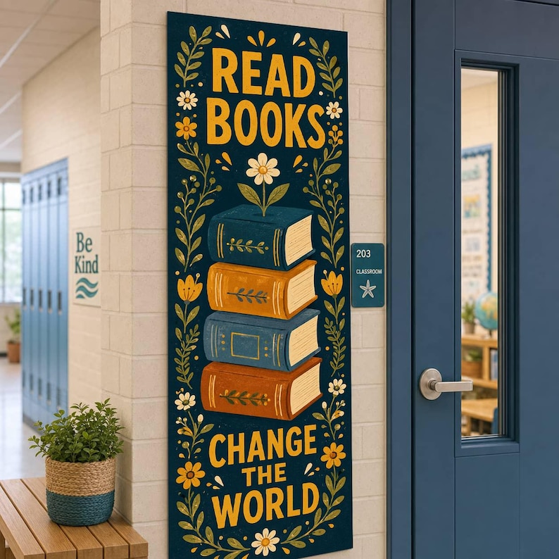 K&ouml;nnte beinhalten: Ein vertikales, rechteckiges Wandschild mit dunkelblauem Hintergrund und dem gelben Text READ BOOKS oben sowie CHANGE THE WORLD unten. In der Mitte befindet sich ein Stapel aus vier blauen und orangefarbenen B&uuml;chern mit einer wei&szlig;en Blume.