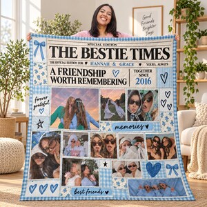 May include: A custom photo quilt featuring a newspaper-style header titled THE BESTIE TIMES, personalised with the names Hannah and Grace, the year 2016, and multiple candid photographs of two friends arranged in a blue and white checkered border.